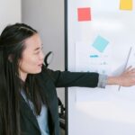 An Asian businesswoman presenting business ideas with graphs on a whiteboard in an office setting.
